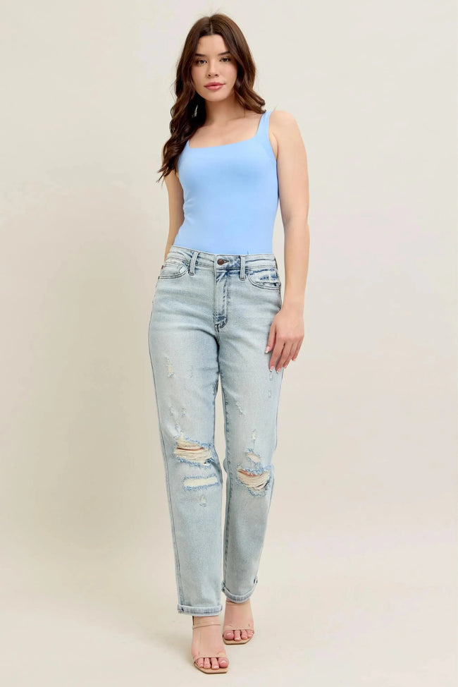 Judy Blue Full Size Mr Repair Stitch Detail Destroy Single Cuff Bf Jeans Plus Size  Style Ratio