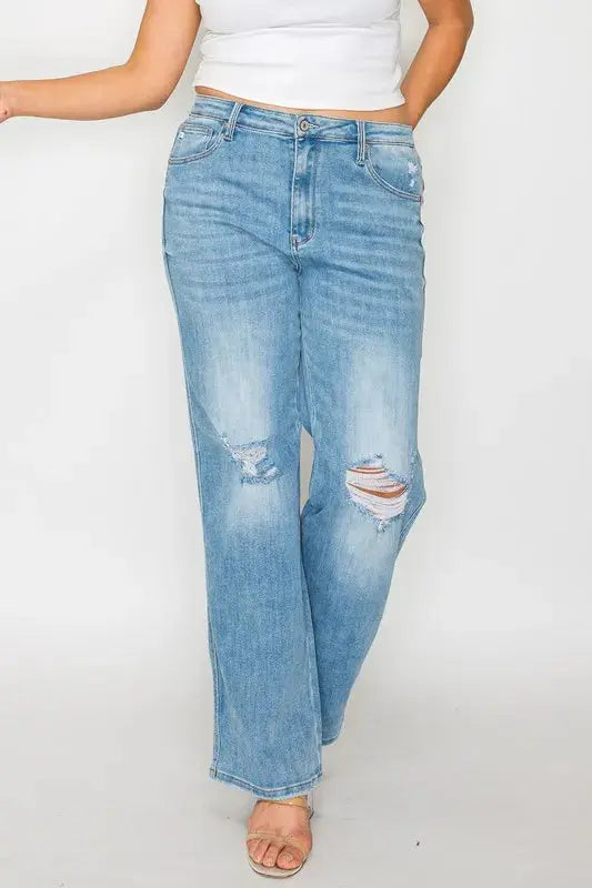 bytos Full Size Distressed High Rise Straight Jeans  Style Ratio