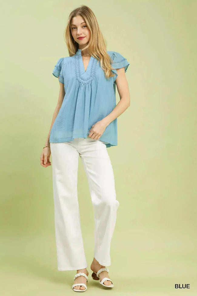 Umgee Scalloped Trim Flutter Sleeve Top  Style Ratio