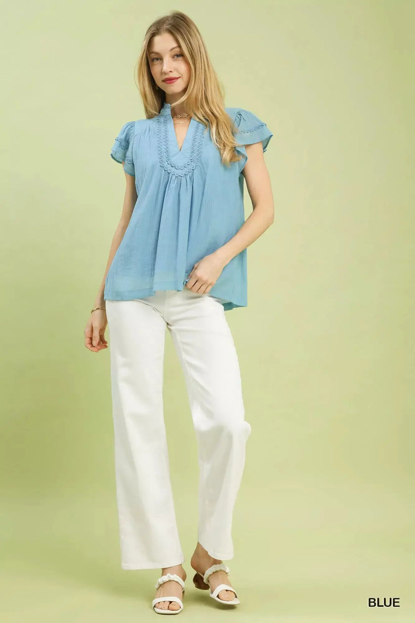 Umgee Scalloped Trim Flutter Sleeve Top  Style Ratio