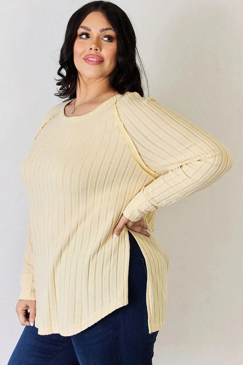 Basic Bae Full Size Ribbed Round Neck Long Sleeve Shirt  Style Ratio