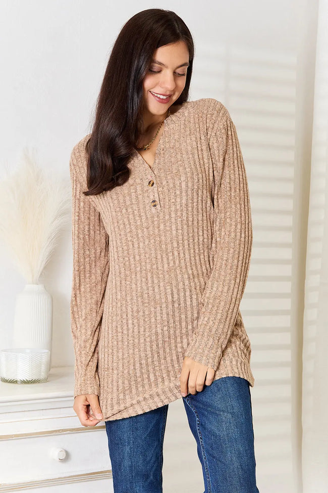 Double Take Notched Neck Ribbed Long Sleeve Shirt  Style Ratio