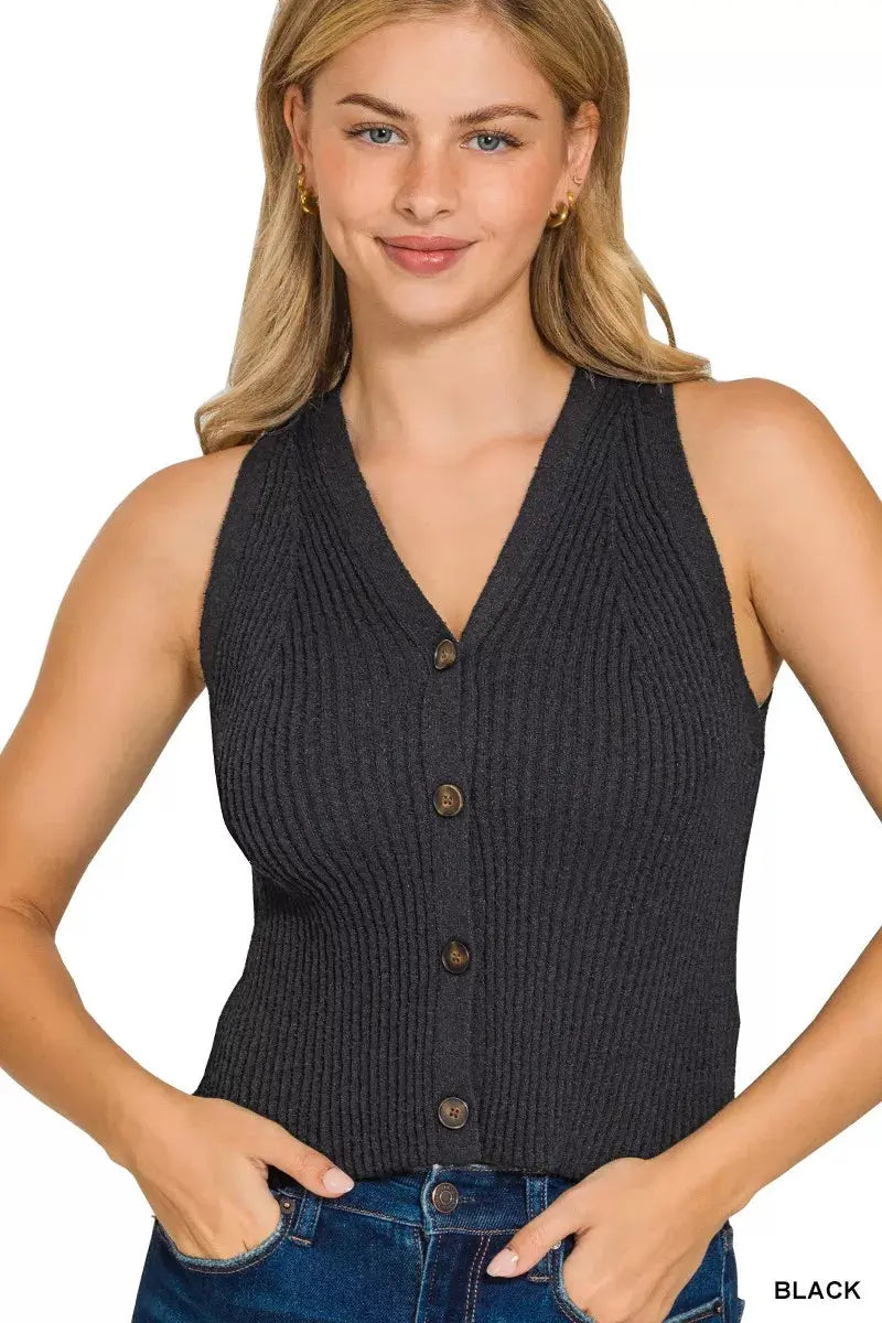 Zenana Ribbed Knit Button-Down Sweater Vest  Style Ratio