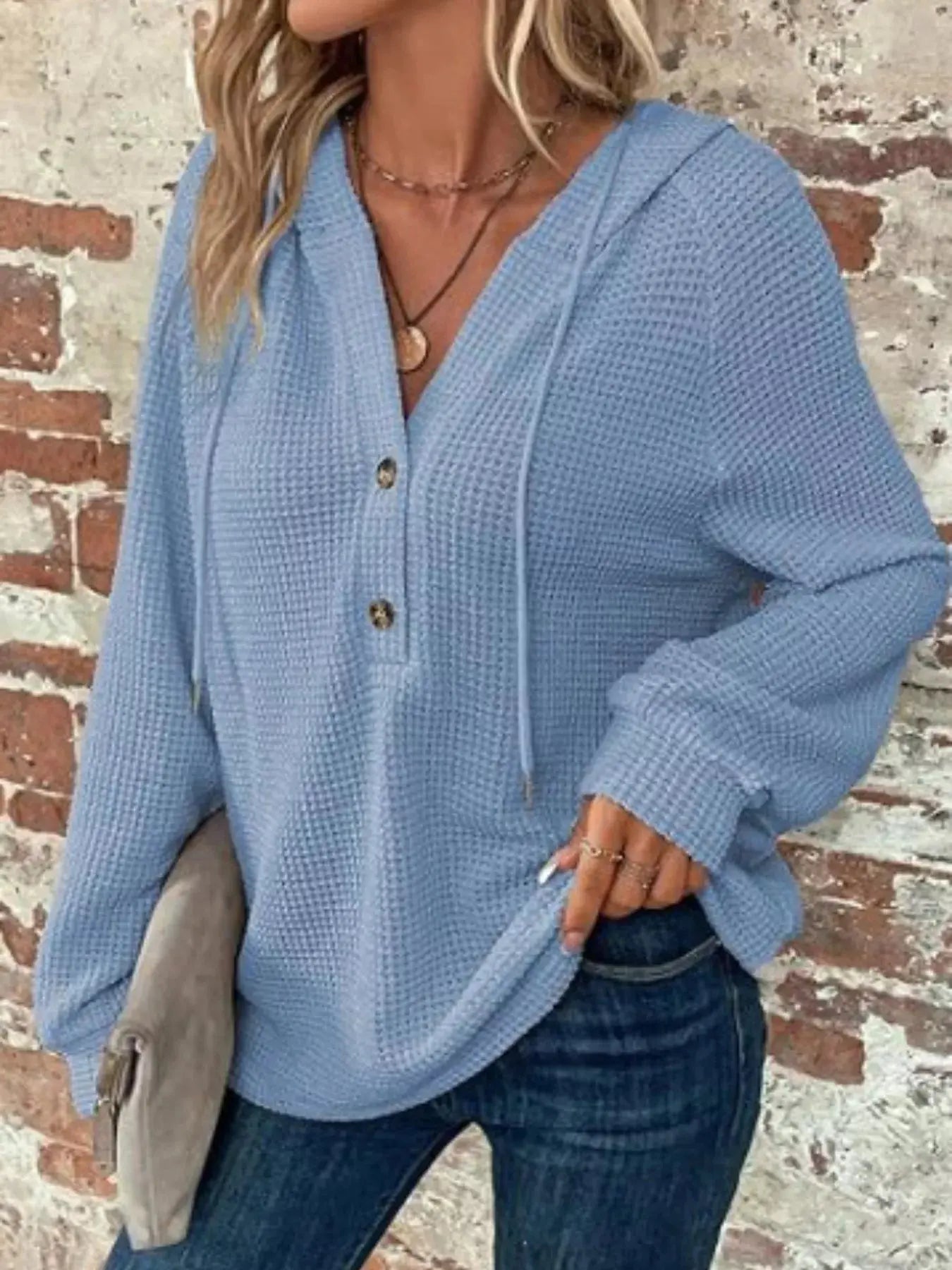 Full Size Button Detail Waffle Knit Hoodie  Style Ratio