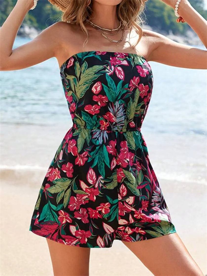 Floral Print Strapless Elastic Waist Romper  Style Ratio