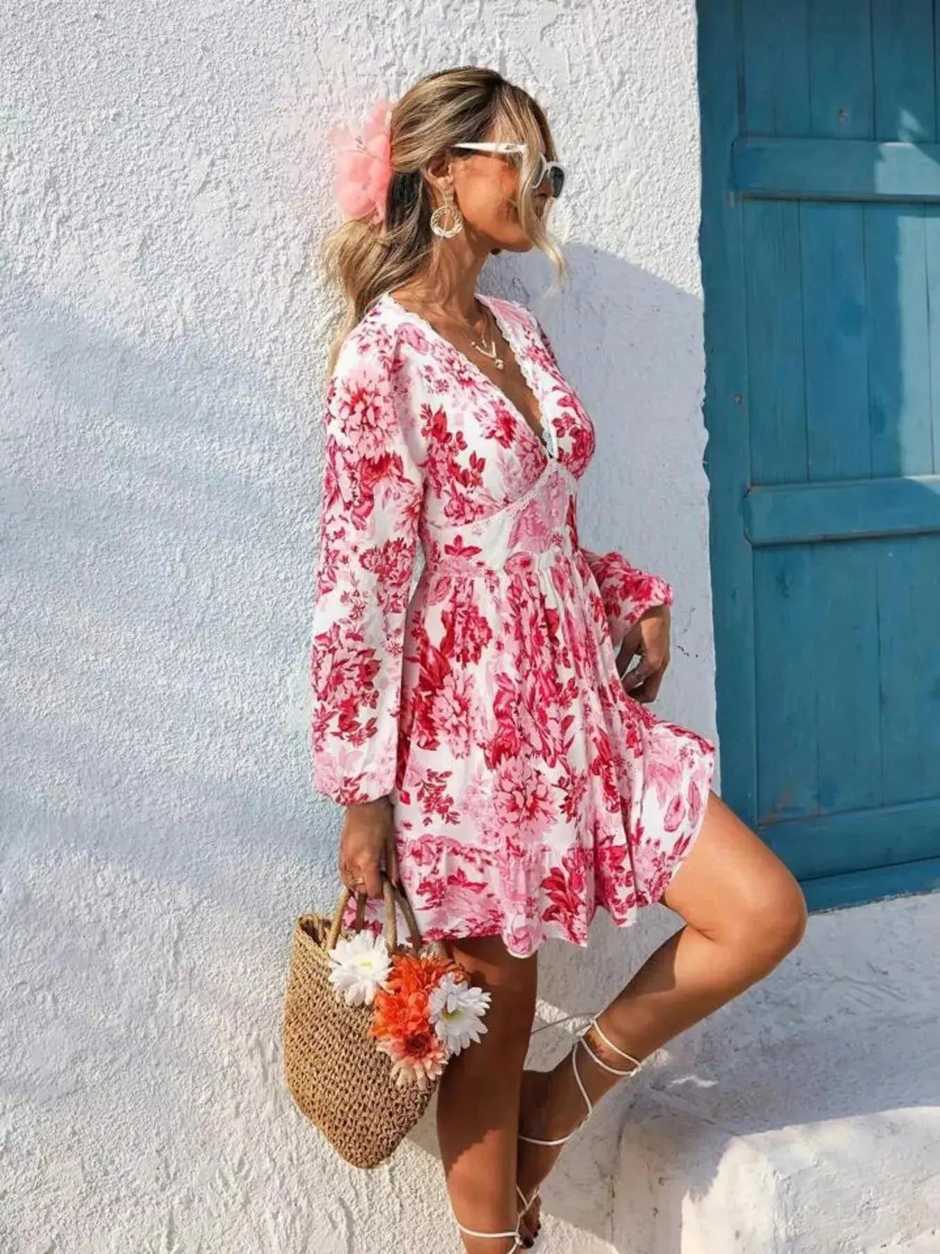 Full Size Floral Print V-Neck Long Sleeve Ruffle Hem Mini Dress  Style Ratio