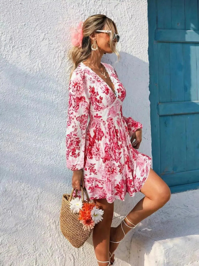Full Size Floral Print V-Neck Long Sleeve Ruffle Hem Mini Dress  Style Ratio