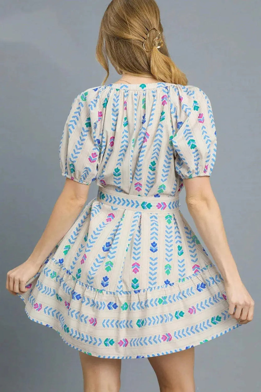 Umgee Printed Tie Waist Puff Short Sleeve Mini Dress  Style Ratio