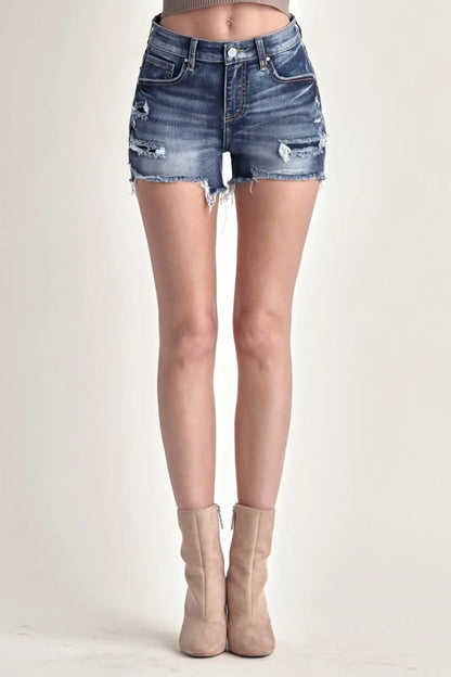 RISEN Mid Rise Raw Hem Denim Shorts Trendsi