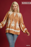 Umgee Full Size Two Tone Border Print Top with Balloon Sleeves  Style Ratio