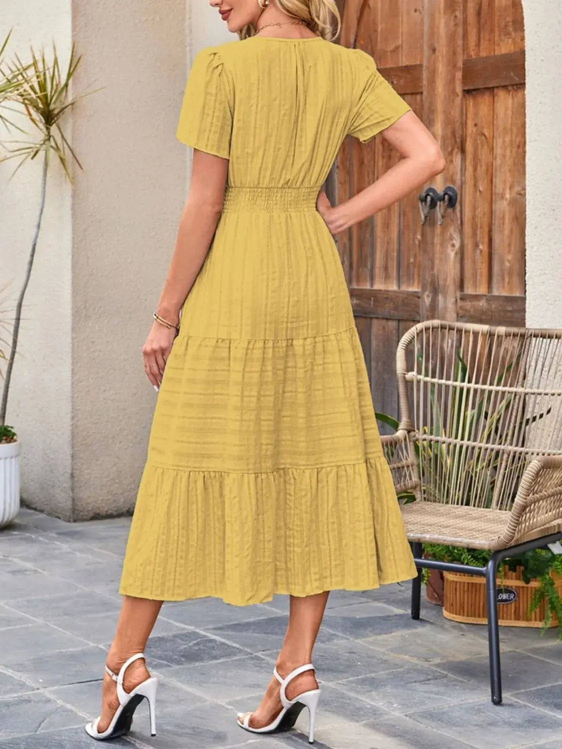 Tiered Notched Short Sleeve Dress  Style Ratio