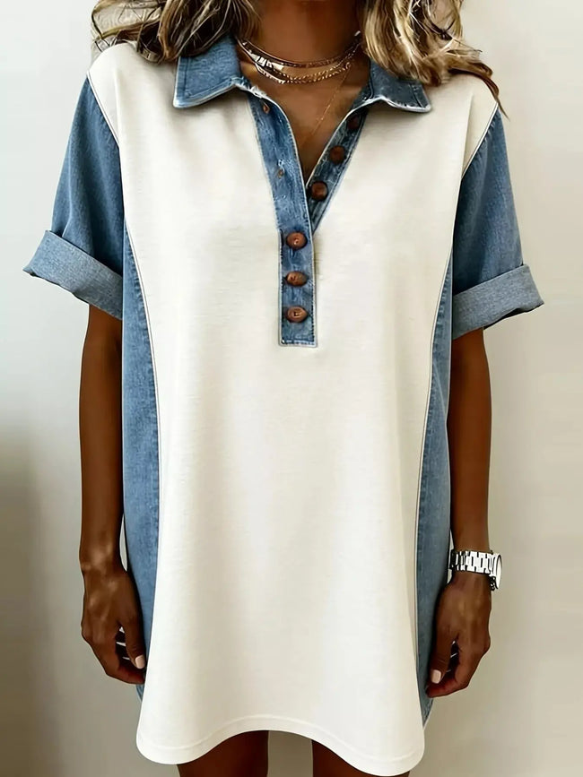 Denim Patchwork Button Front Mini Dress  Style Ratio