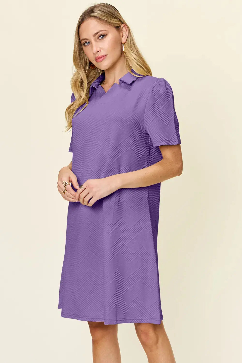 Double Take Full Size Texture Collared Neck Short Sleeve Dress  Style Ratio