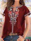Full Size Floral Notched Short Sleeve Blouse  Style Ratio