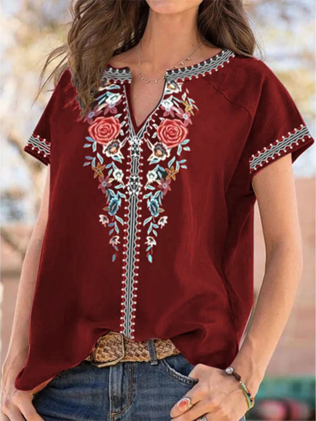 Full Size Floral Notched Short Sleeve Blouse  Style Ratio
