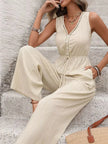 V-Neck Drawstring Waist Wide Leg Jumpsuit  Style Ratio