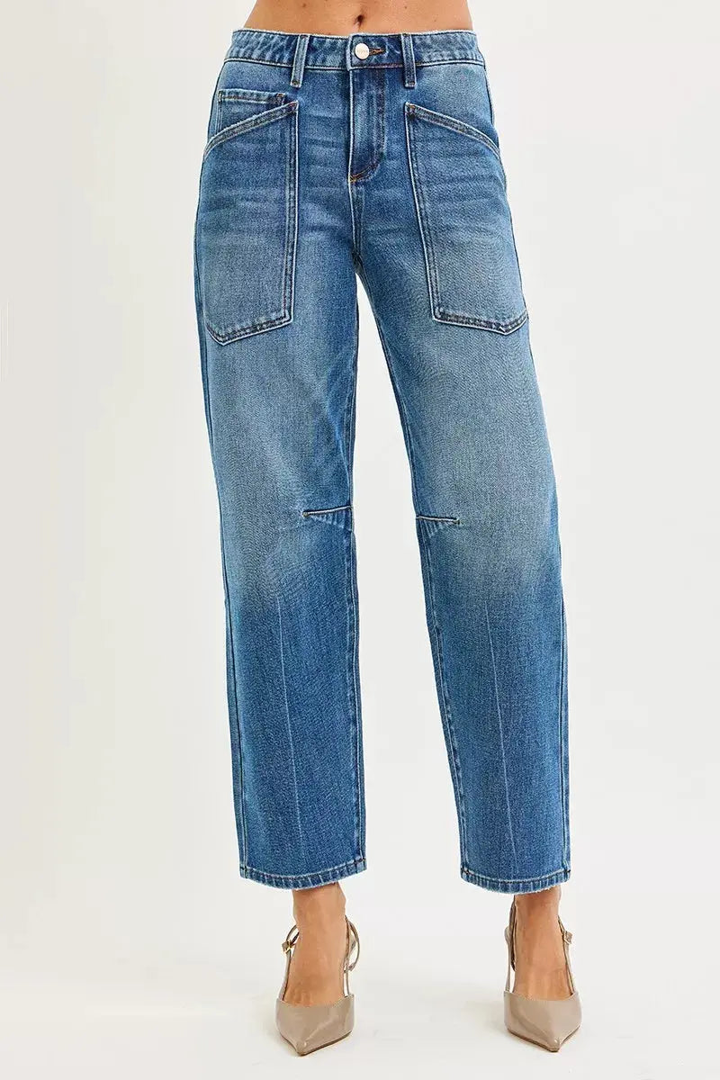 RISEN 4 Way Stretch Mid Rise Barrel Jeans with Patch Pocket Detail  Style Ratio