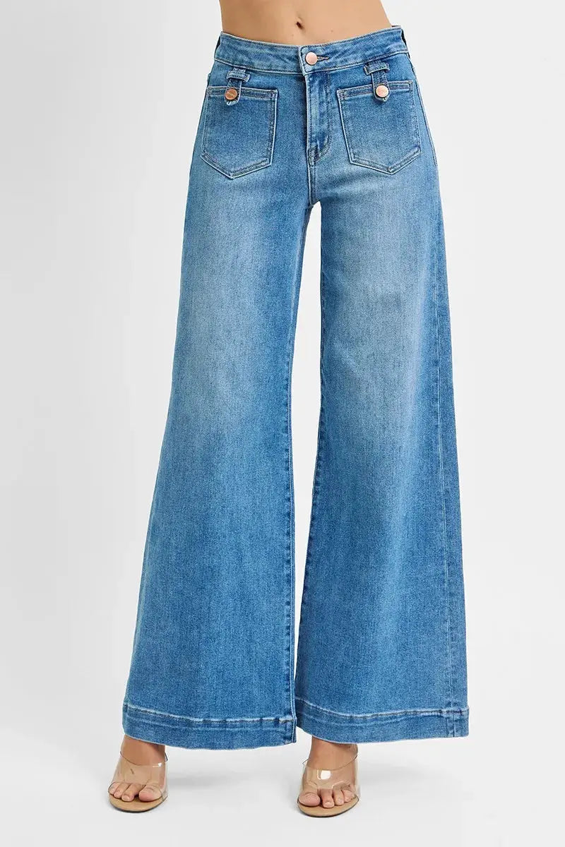 RISEN Mid Rise Wide Front Patch Pocket Jeans  Style Ratio