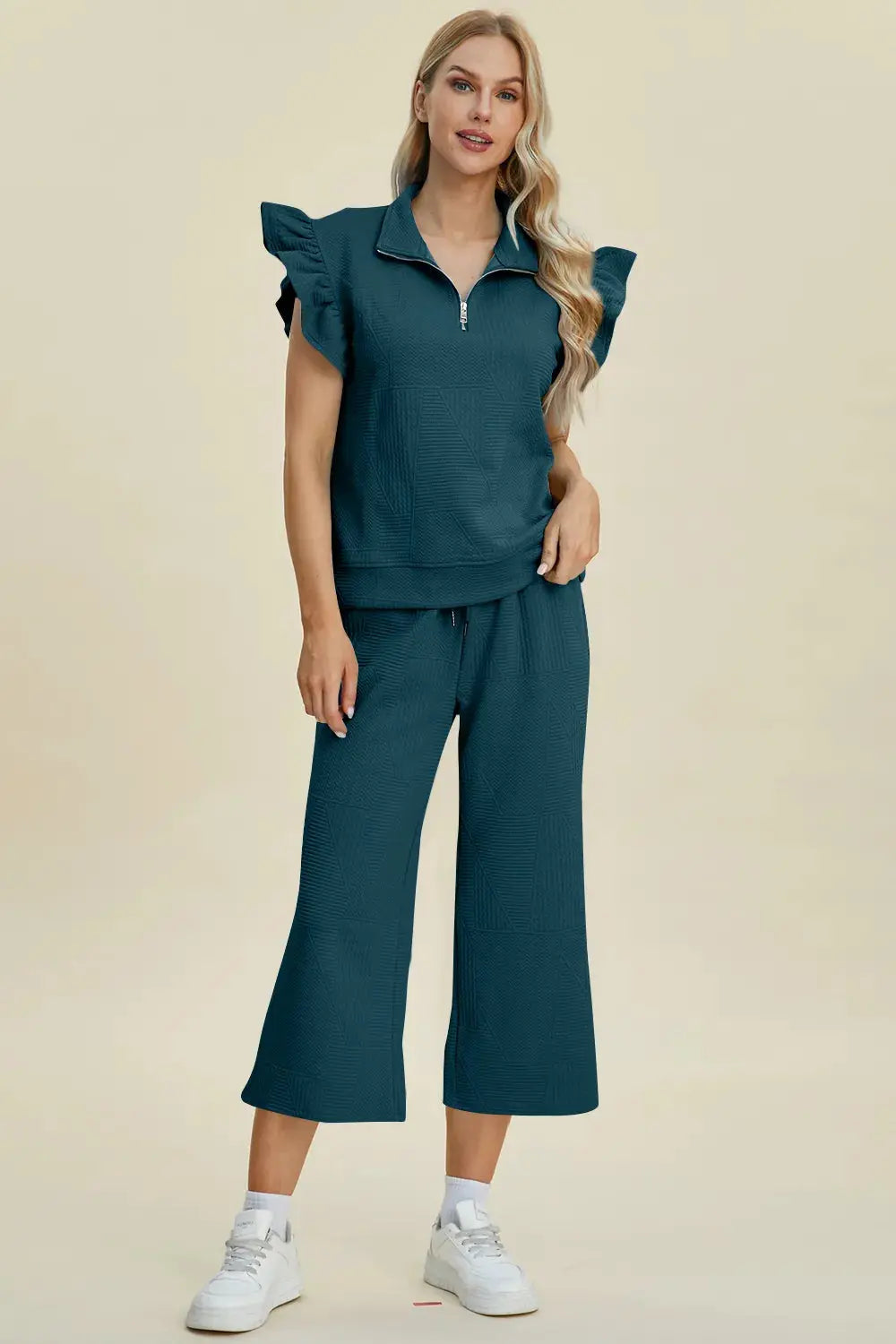 Double Take Full Size Texture Ruffle Short Sleeve Top and Wide Leg Pants Set  Style Ratio