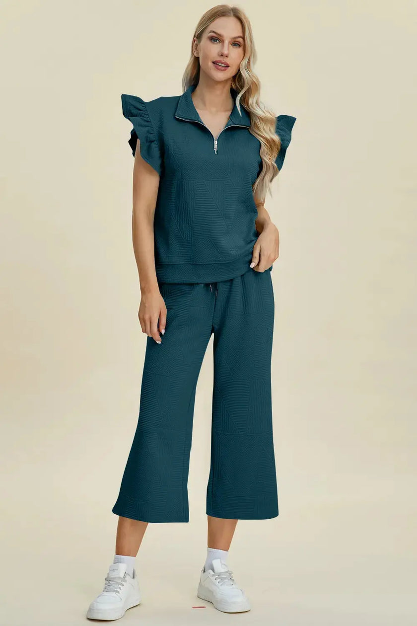 Double Take Full Size Texture Ruffle Short Sleeve Top and Wide Leg Pants Set  Style Ratio