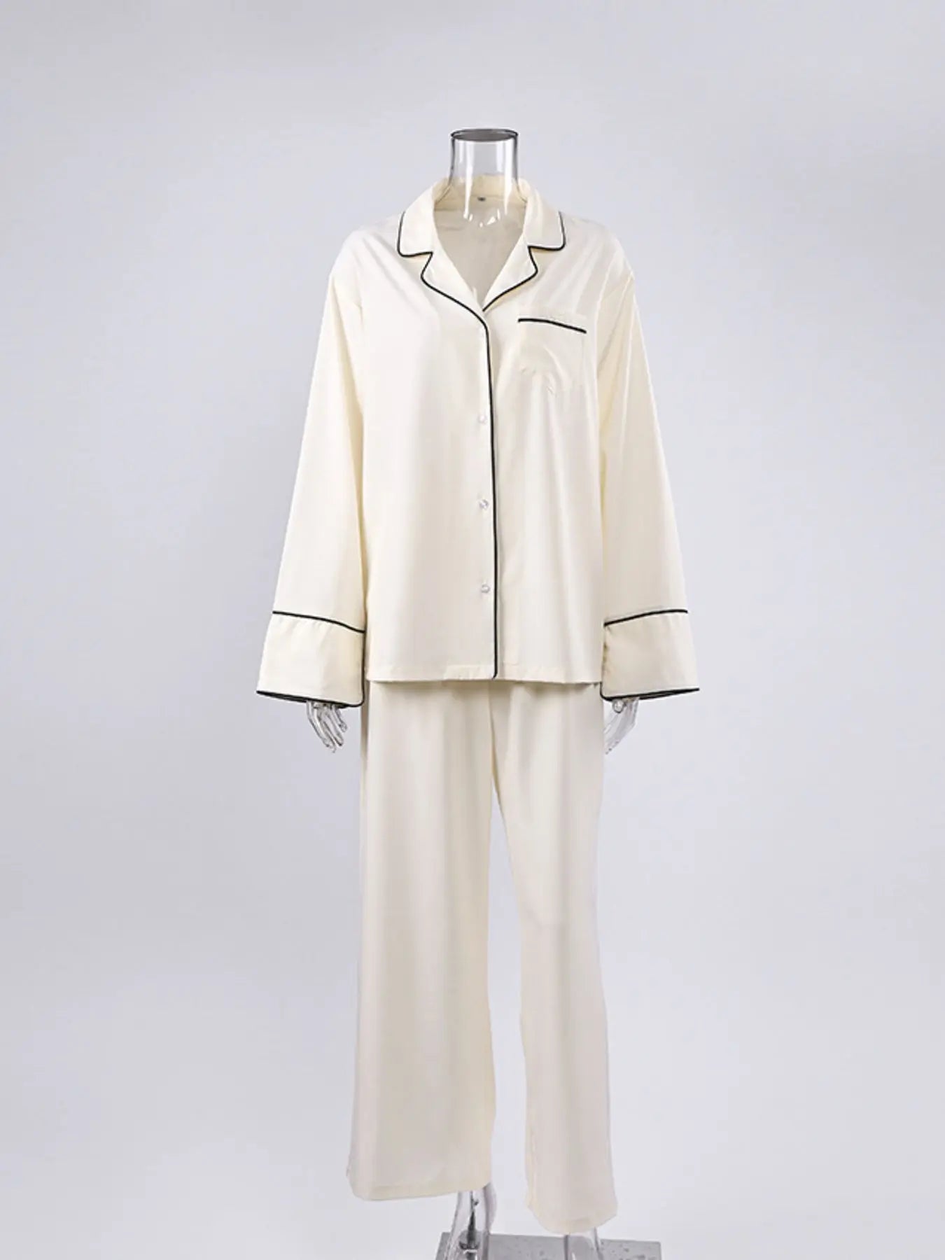 Contrast Trim Button Up Top and Pants Lounge Set  Style Ratio