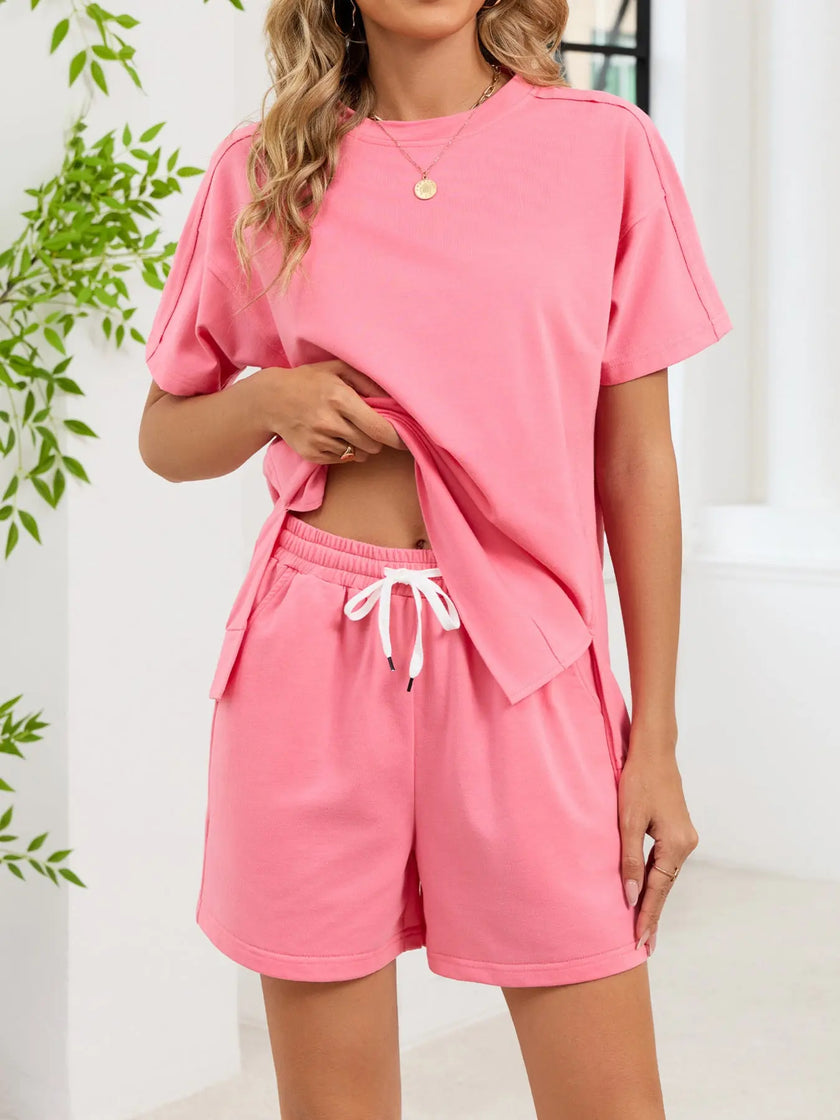 Round Neck Short Sleeve Shirt and Shorts Loungewear  Style Ratio