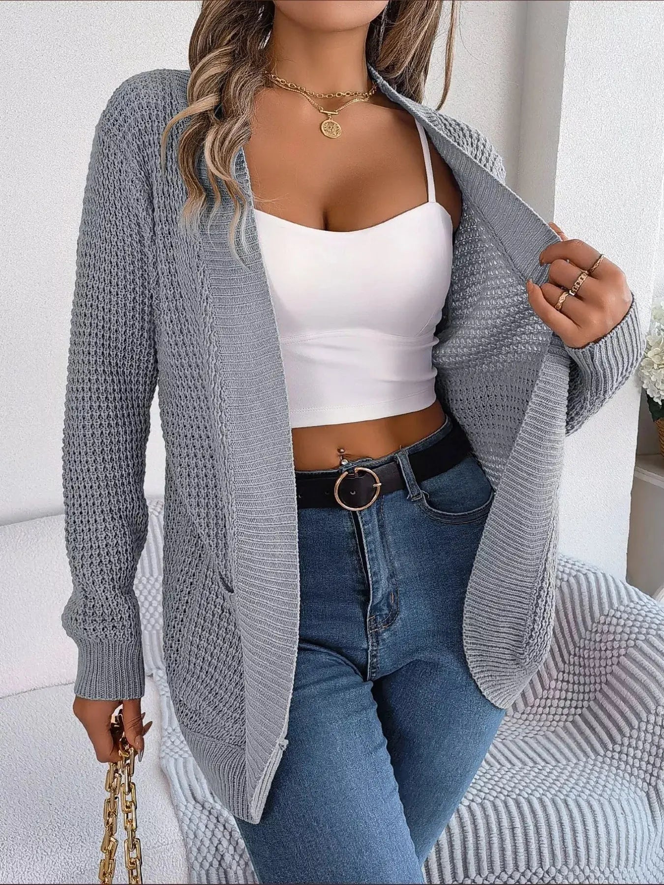 Chunky Knit Open Front Cardigan with Pockets  Style Ratio