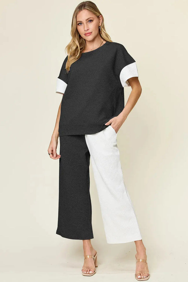 Double Take Contrast Shirt and Wide Leg Pants Set  Style Ratio