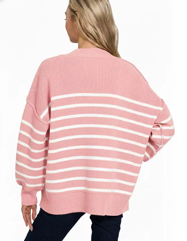 Zenana Exposed Seam Striped Oversized Sweater  Style Ratio