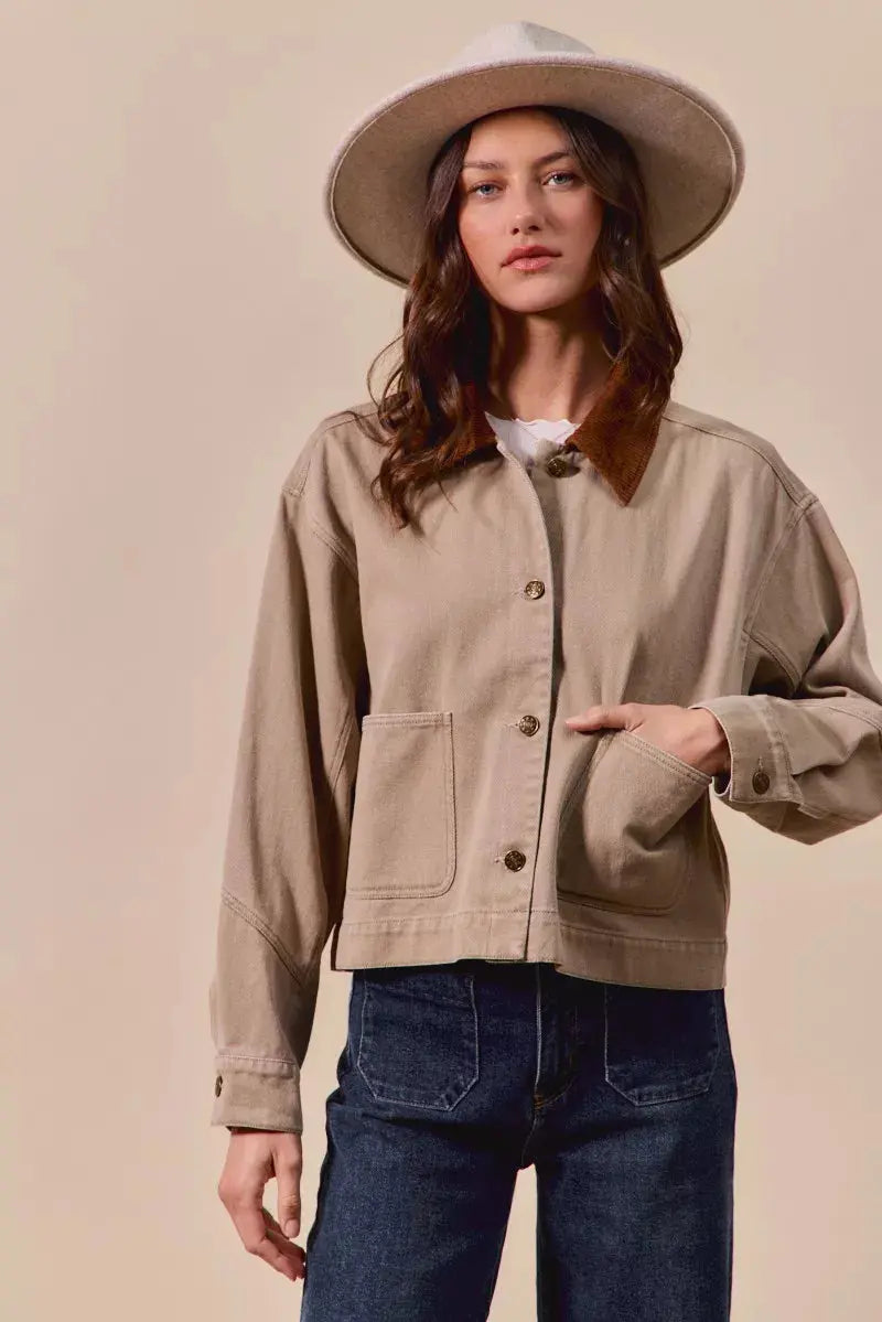 SO ME Cotton Twill Cropped Barn Jacket wtih Collar  Style Ratio