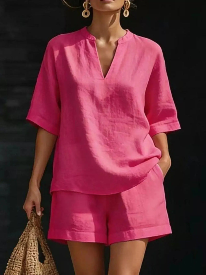 Full Size Notched Half Sleeve Top and Shorts Set  Style Ratio
