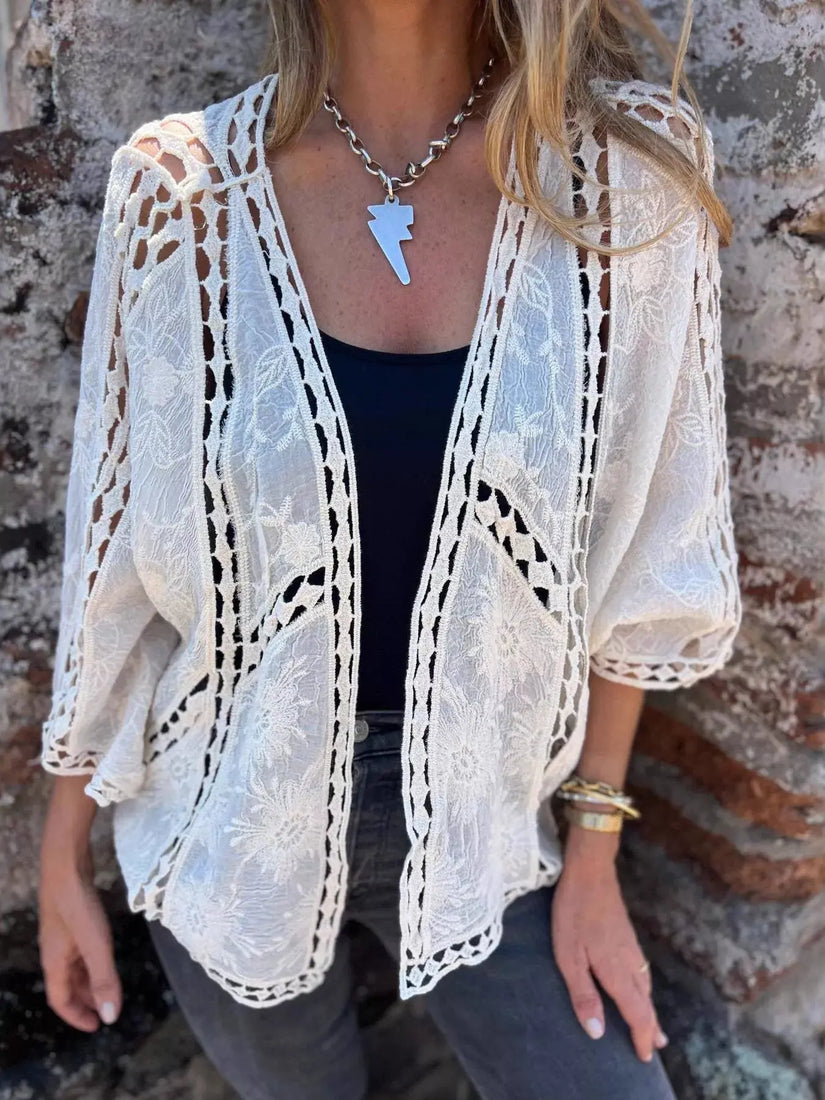 Full Size Embroidered Open Front Cardigan Plus Size  Style Ratio