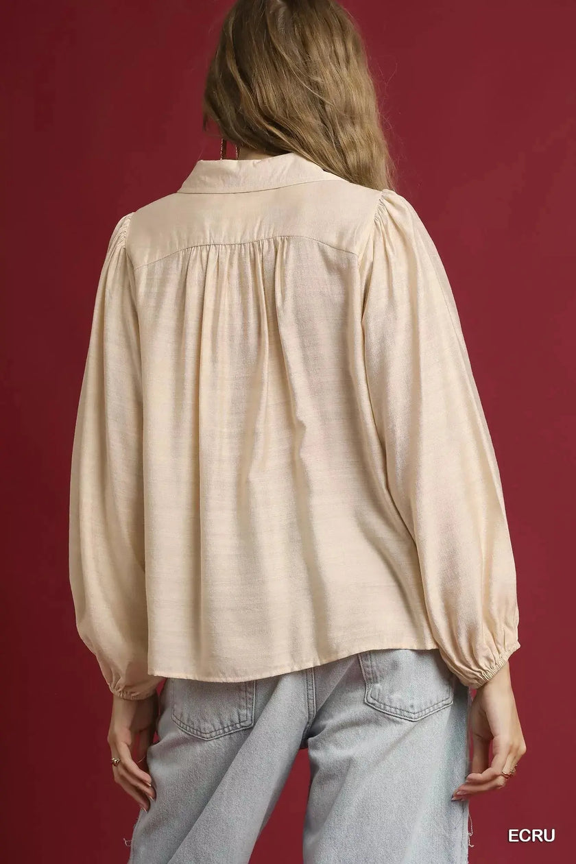 Umgee Long Sleeve Blouse with Leopard Print Trim  Style Ratio