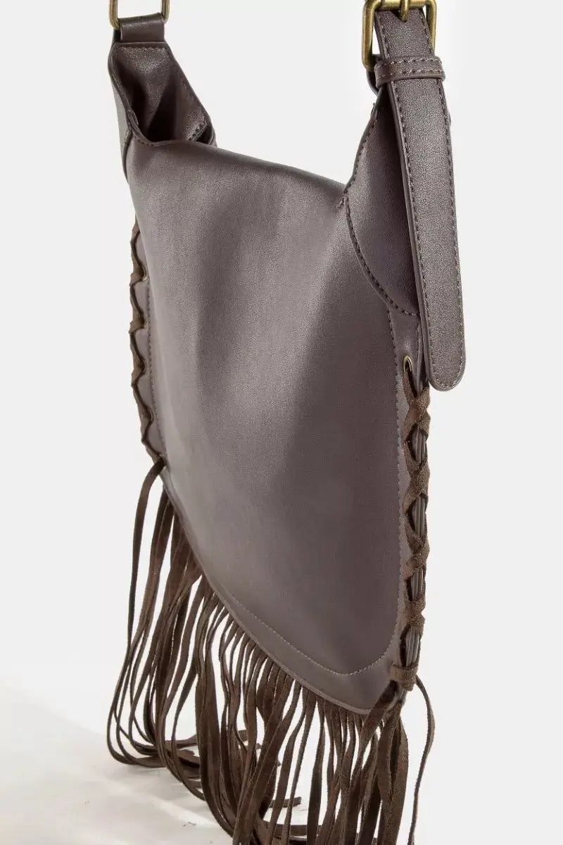 Fame Rivet Trim Suede Fringe Shoulder Bag  Style Ratio