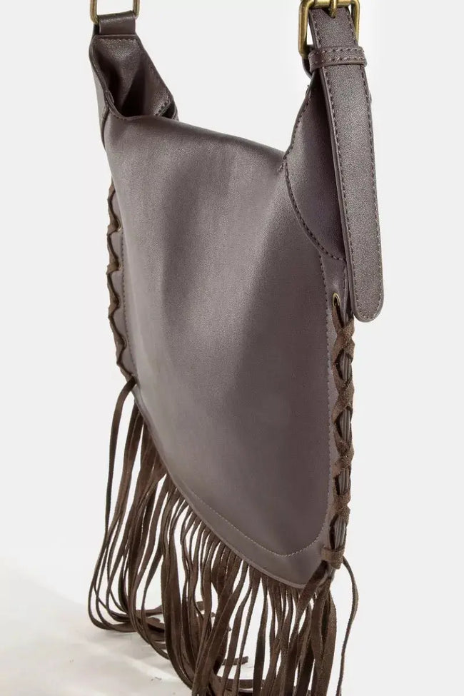 Fame Rivet Trim Suede Fringe Shoulder Bag  Style Ratio