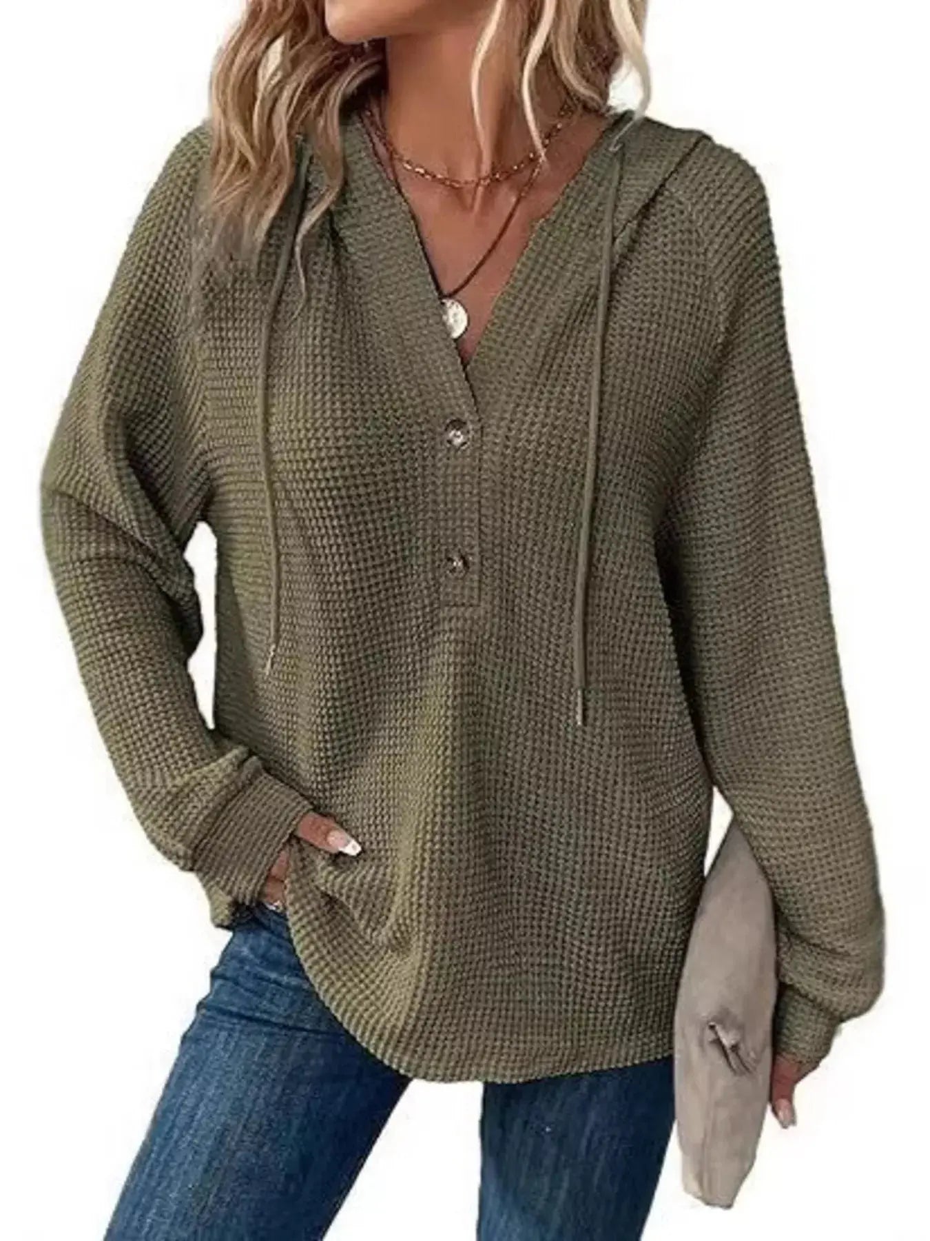 Full Size Button Detail Waffle Knit Hoodie  Style Ratio