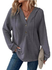 Full Size Button Detail Waffle Knit Hoodie  Style Ratio