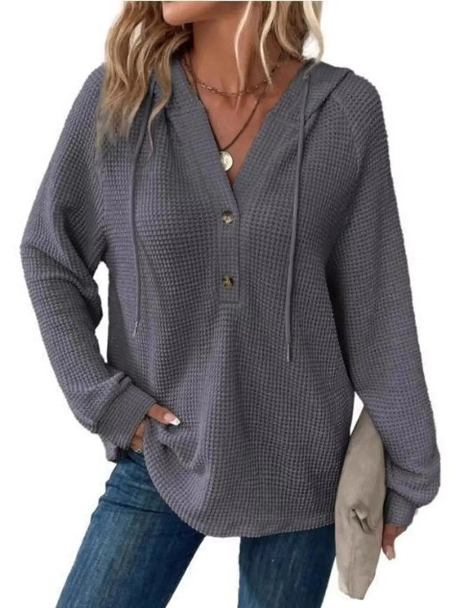 Full Size Button Detail Waffle Knit Hoodie  Style Ratio