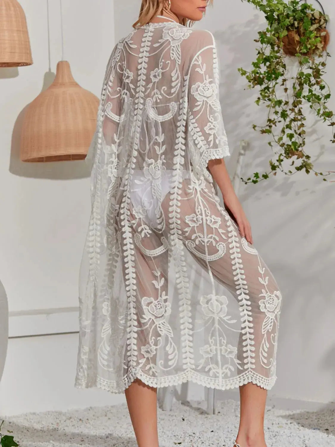 Lace Detail Open Front Longline Cover-Up  Style Ratio
