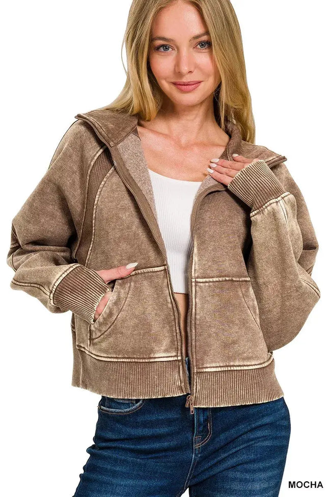 Zenana Acid Wash Zip Up Fleece Hoodie  Style Ratio