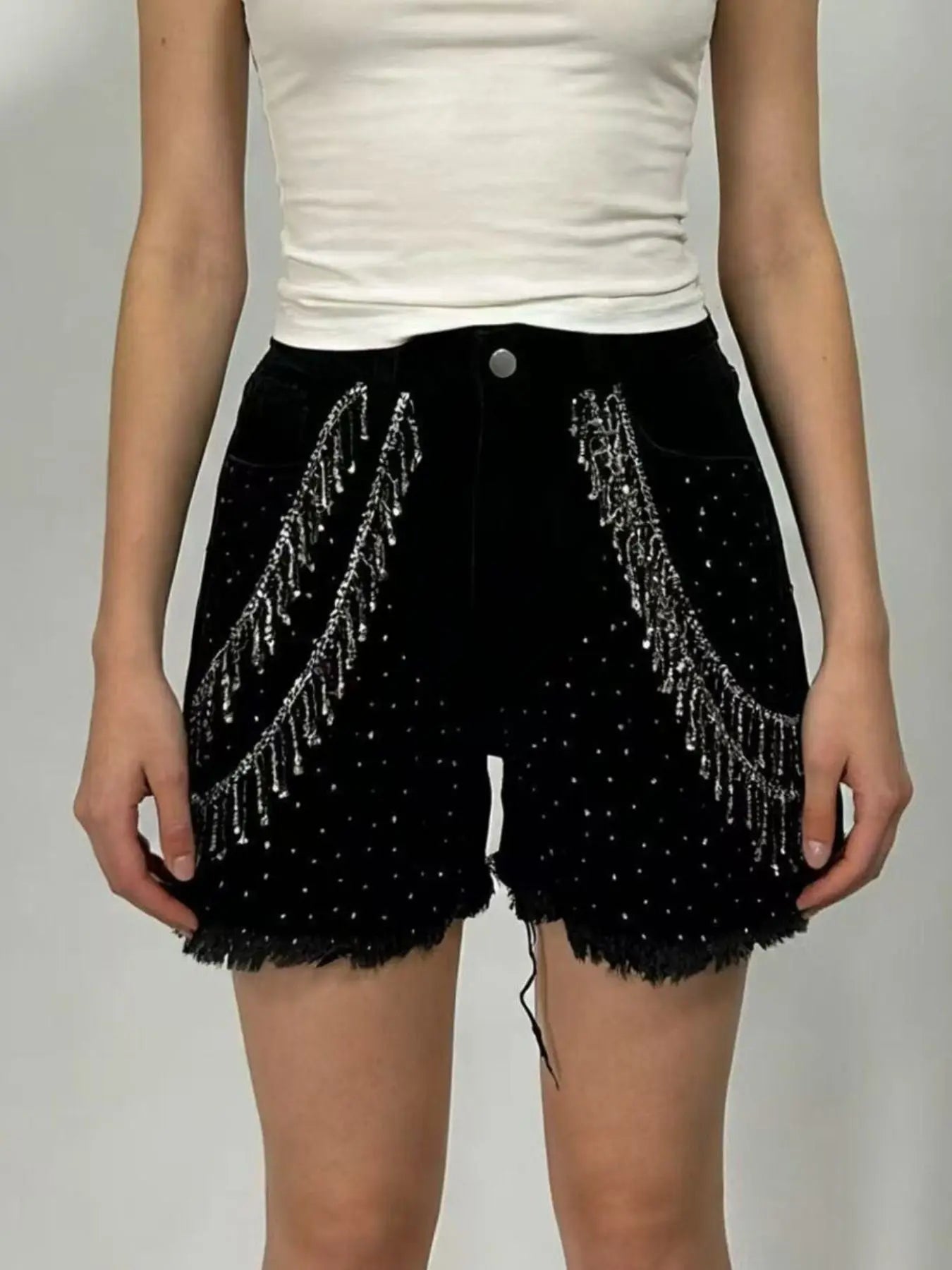 Rhinestone Chain Raw Hem Denim Shorts  Style Ratio