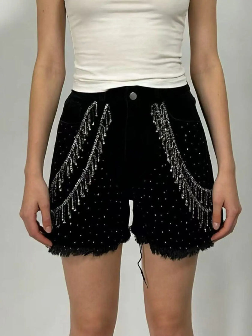 Rhinestone Chain Raw Hem Denim Shorts  Style Ratio