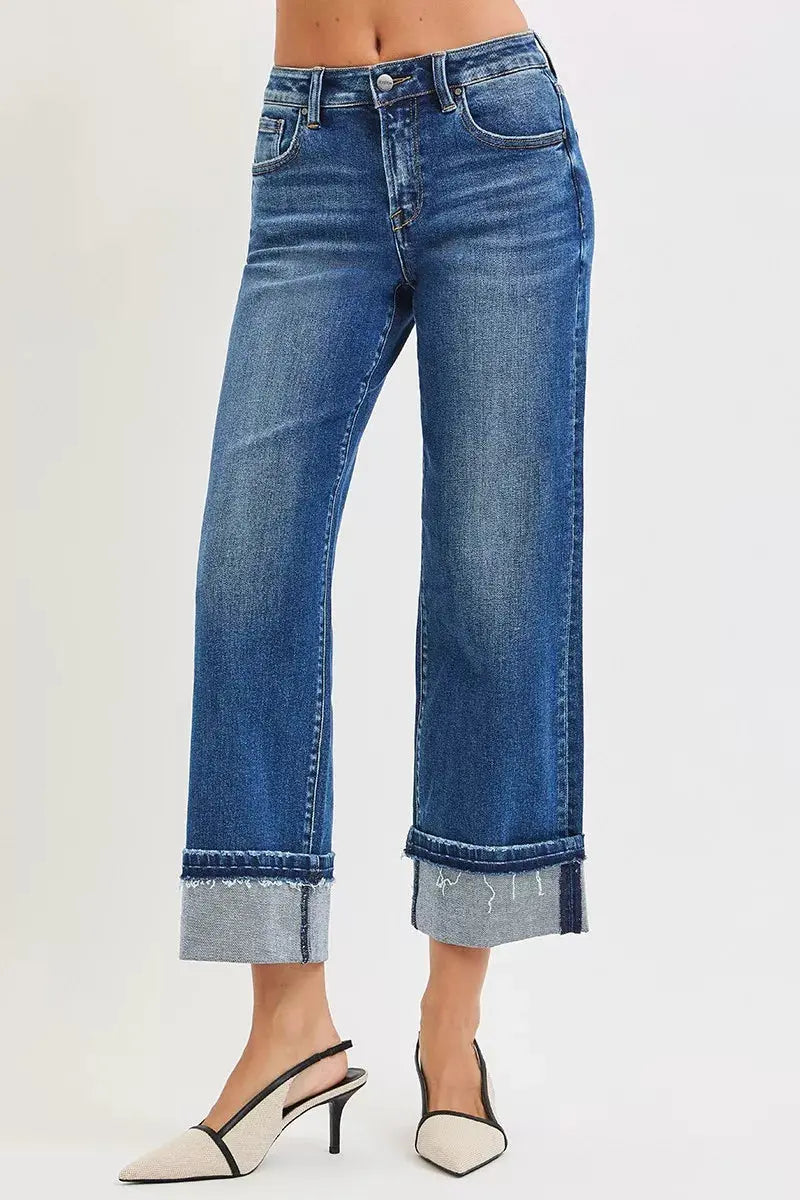 RISEN Mid Rise Ankle Straight Jeans with Cuffed Hem  Style Ratio
