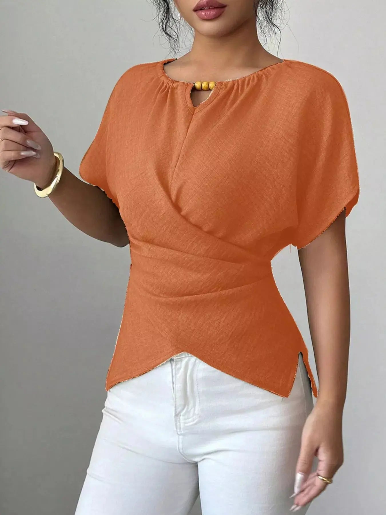 Beaded Neckline Short Sleeve Blouse  Style Ratio