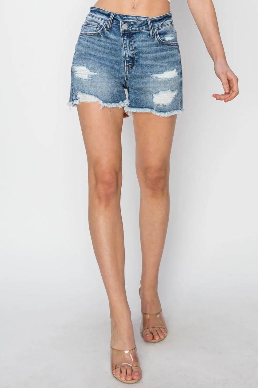 RISEN Stepped Waist Frayed Denim Shorts  Style Ratio