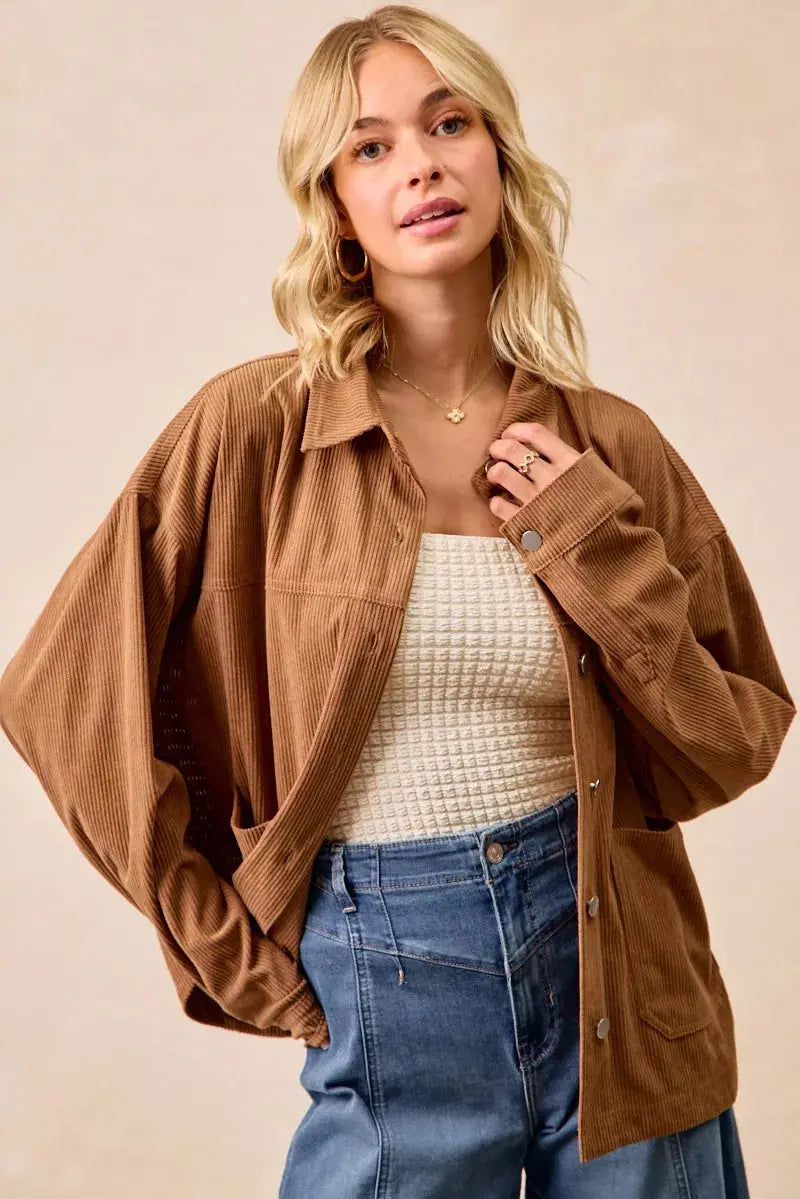 BiBi Corduroy Relaxed Fit Long Sleeve Shacket  Style Ratio