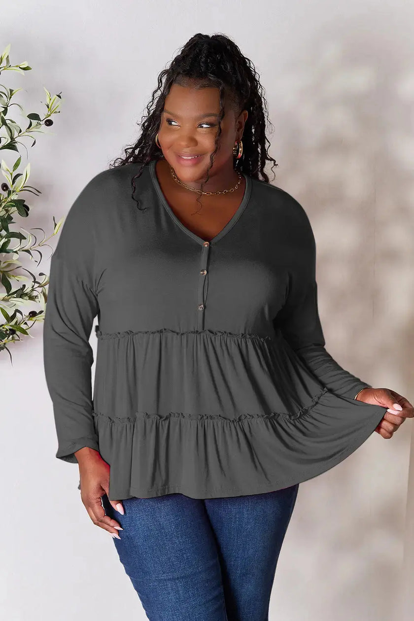 Double Take Half Button Long Sleeve Ruffle Hem Blouse  Style Ratio