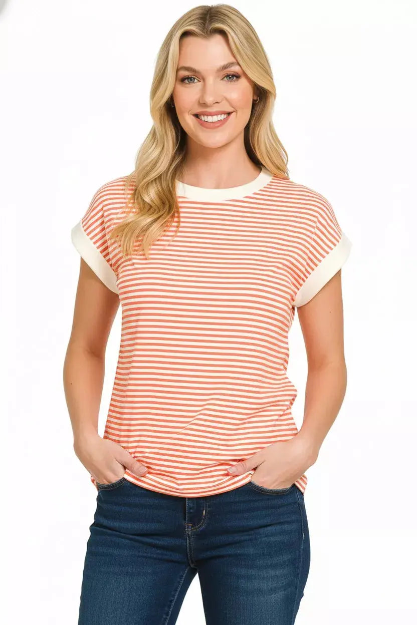 Zenana Striped Round Neck Short Sleeve Contrast Trim Shirt  Style Ratio