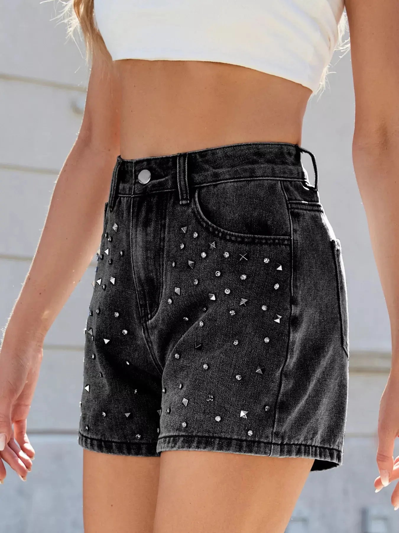 Studded High Waist Denim Shorts  Style Ratio