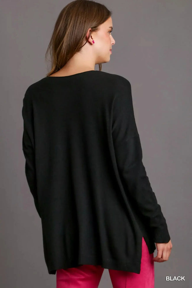 Umgee V-Neck High Low Hem Sweatshirt with Side Slit  Style Ratio